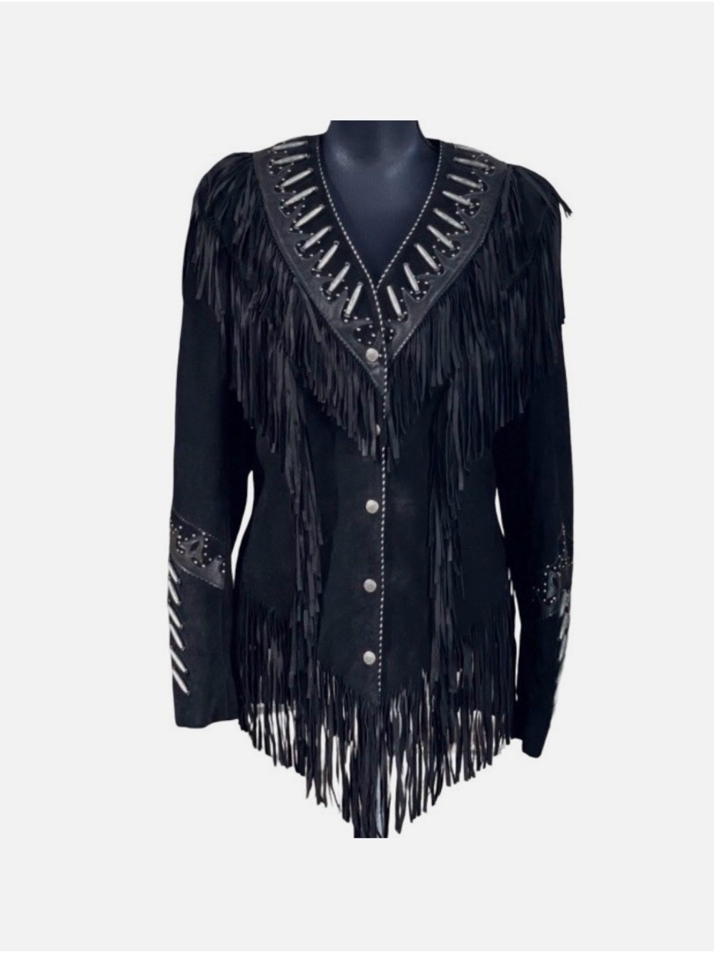 Vintage Tribe America Black Fringed Leather Button Front Embellished Jacket 10